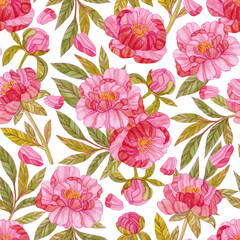 Seamless watercolor floral pattern. Print with pink peony flowers, petals and green leaves on a white background.