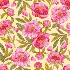 Behang Naadloze aquarel bloemmotief. Print met roze pioenroos bloemen, bloemblaadjes en groene bladeren op een gele achtergrond. © Maria Kviten