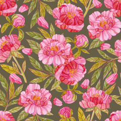 Seamless watercolor floral pattern. Print with pink peony flowers, petals and green leaves on a green background.