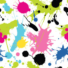 Paint splatter seamless pattern. Repeated abstract pattern. Background color splash. Grunge ink texture. Spray spatter blot. Repeating brush stroke wallpaper for design prints. Vector illustration
