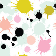 Paint splatter seamless pattern. Repeated abstract pattern. Background color splash. Grunge ink texture. Spray spatter blot. Repeating brush stroke wallpaper for design prints. Vector illustration

