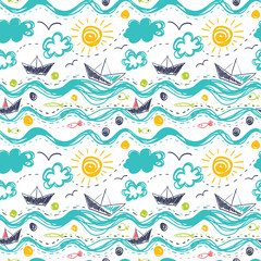 Fototapeta na wymiar Seamless pattern in the concept of children's drawings. Seamless pattern with ships, fish, sun, clouds, sea and waves.