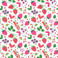 Seamless pattern with berries: raspberries, strawberries, currants and cranberries.