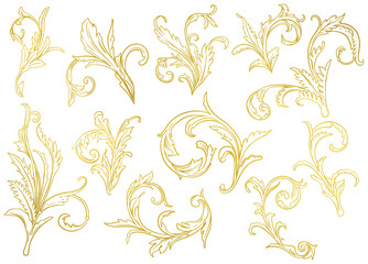 手描きのゴールドのツタ模様セット　ベクター素材