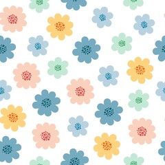 Seamless vector pattern with cute hand drawn flowers. Fun retro texture. Colorful floral background for wrapping paper, apparel, card, gift, fabric, textile, packaging, print, wallpaper.