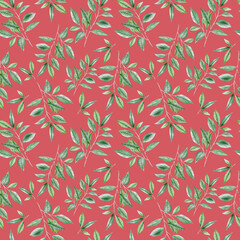Watercolor seamless pattern with greenery on red background