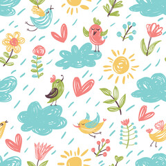 Seamless pattern with birds, clouds, hearts and flowers. Perfect for wallpaper, wrapping paper, seasonal greeting cards, summer invitations, fabric