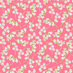Watercolor seamless pattern with lilies of the valley on pink background 