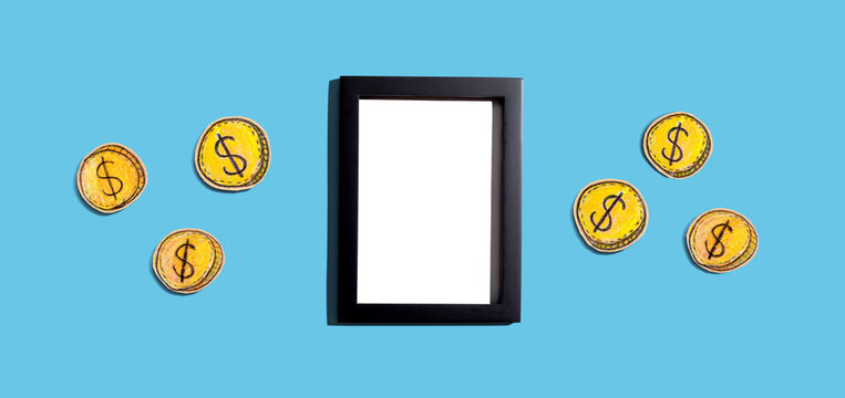 Blank photo frame with coins - earn online - work from home themes