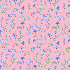 Watercolor seamless pattern with bluebells on pink background 