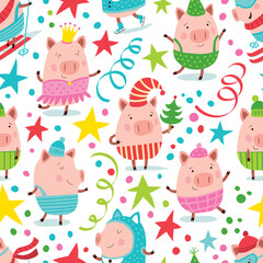 Happy Birthday. Seamless pattern with cute pigs, balloons and serpentine.