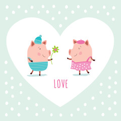 Love. Greeting card with cute pigs.