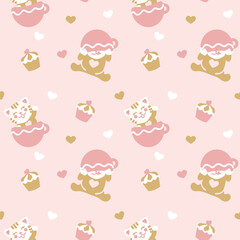 Cute cat is hiding in a cup. Cute wallpaper for girls. Seamless pattern. Vector.