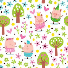Seamless pattern with funny pigs in the forest.