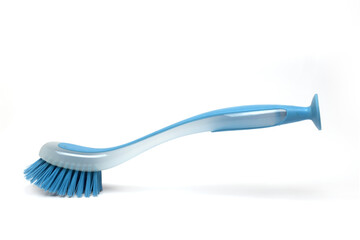 Closeup plastic hand brush cleaning white background
