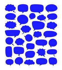 Blue speech bubbles set. Cartoon empty text box. Different shapes blank bubbles. Hand drawn text frame. Сomics message balloon. Flat vector elements