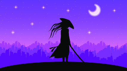 Dark Background Ninja Moon City Person Silhouette Sky People Night Vector Design Style