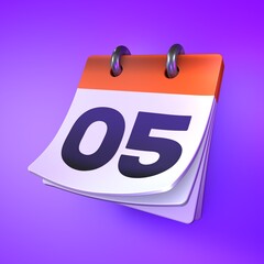 Standing calendar with date. Day 5 Modern 3d design rendering. 