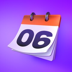 Standing calendar with date. Day 6 Modern 3d design rendering. 