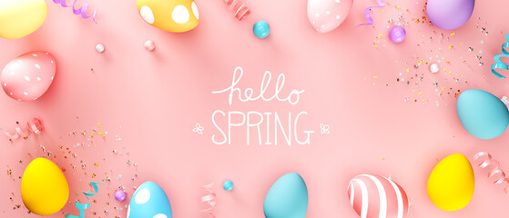Hello spring message with colorful Easter eggs and spring holiday pastel colors