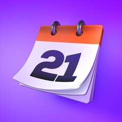 Standing calendar with date. Day 21 Modern 3d design rendering. 