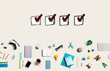 Checklist with collection of electronic gadgets and office supplies
