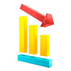 3D Illustration of Statistic Curve with Red Arrow Falling Showing the decline. Suitable to place on business and finance content. Falling Bar chart graph business decline/loss icon. 3D rendering.