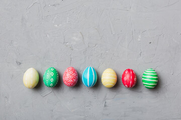 holiday preparation Multi colors Easter eggs on colored background . Pastel color Easter eggs. holiday concept with copy space