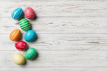 holiday preparation Multi colors Easter eggs on colored background . Pastel color Easter eggs. holiday concept with copy space