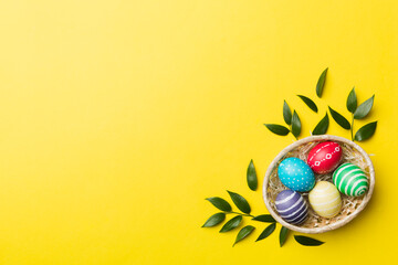 Colorful Easter eggs with spring flower leaf isolated over white background. Colored Egg Holiday border