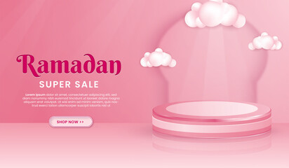 Realistic 3d podium for display product month of ramadan Free Vector