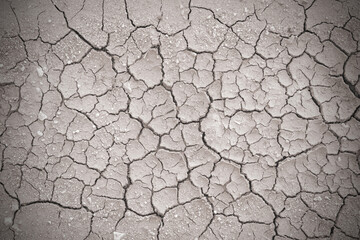 Full frame to terrain with arid climate. The surface of the land is cracked. crack soil ground texture. The natural texture of soil with cracks. Broken clay surface of barren dryland wasteland closeup