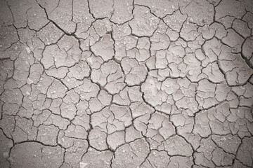 Full frame to terrain with arid climate. The surface of the land is cracked. crack soil ground texture. The natural texture of soil with cracks. Broken clay surface of barren dryland wasteland closeup