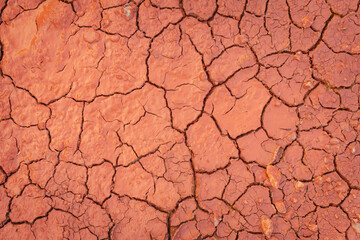 Full frame to terrain with arid climate. The surface of the land is cracked. Crack soil ground texture. The natural texture of soil with cracks. Broken clay surface of barren dryland wasteland closeup