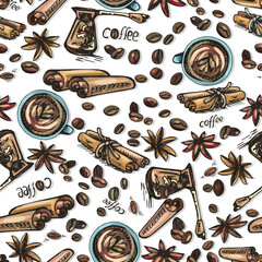 coffee, cezva, cup, saffron, cinnamon, spices, seamless pattern graphic colorful image, coffee beans, cup, cezva, turk, brown, white, seamless pattern, saffron, cinnamon, spices, background for menu, 