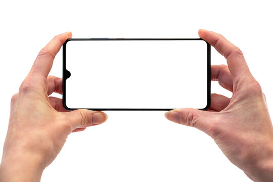 Quer gehaltenes Smartphone mit leerem Display als Vorlage f&uuml;r individuelle Anpassungen