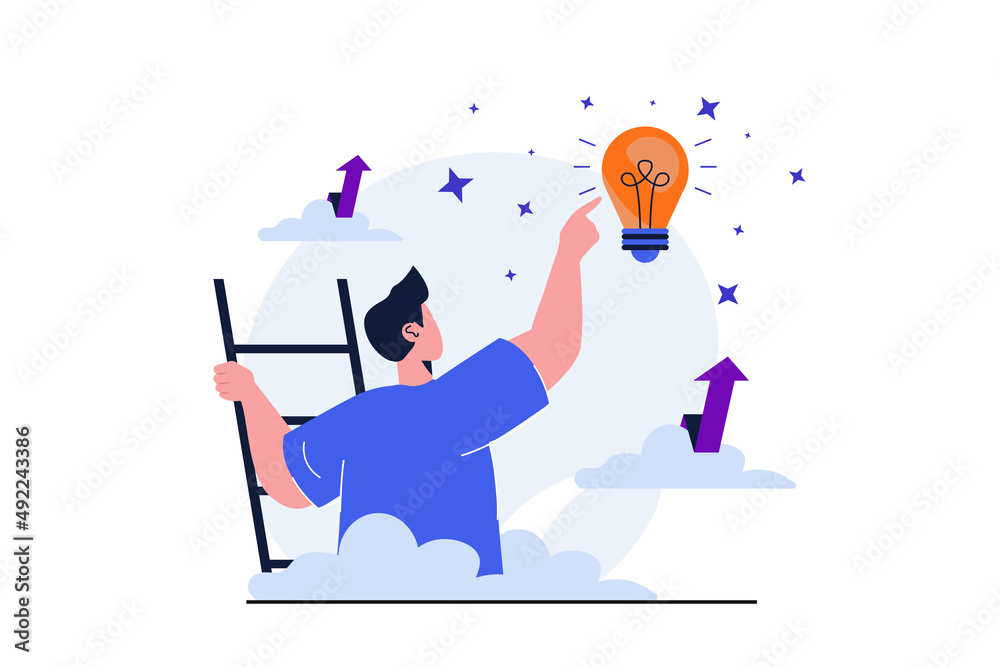 Poster business growth modern flat concept for web banner design. businessman climbed stairs up and generat