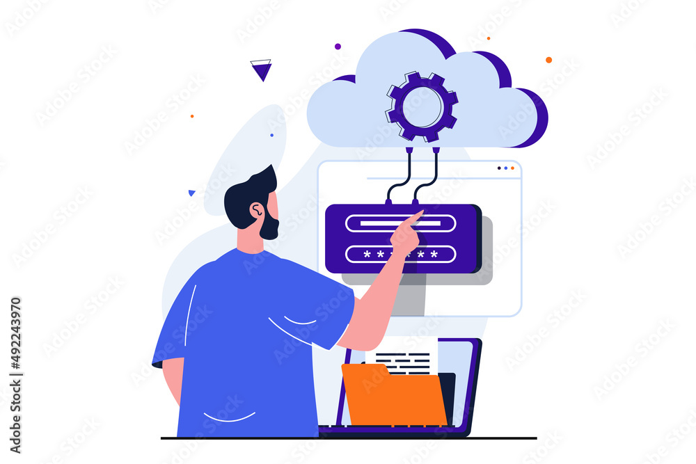 Poster cloud computing modern flat concept for web banner design. man enters password and login to access c
