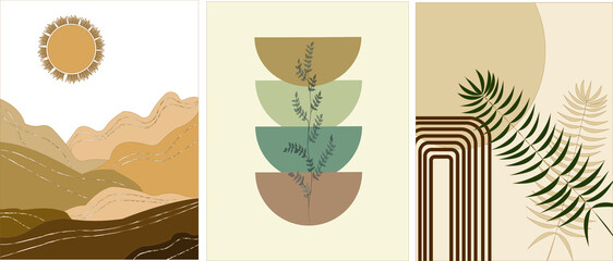 An abstract set of drawings with elements of nature in the boho style. It can be used in web design, for postcards and interior paintings.

