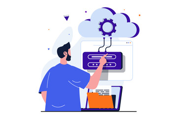 Cloud computing modern flat concept for web banner design. Man enters password and login to access cloud storage for uploading and processing files. Illustration with isolated people scene - obrazy, fototapety, plakaty