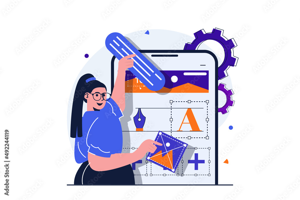 Poster content manager modern flat concept for web banner design. woman places blocks with text, pictures a