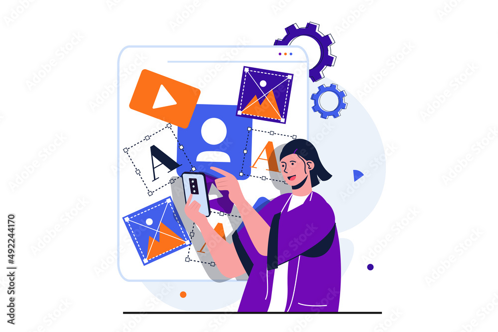 Aufkleber content manager modern flat concept for web banner design. woman works with different types of conte