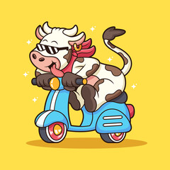 Cute cow riding scooter cartoon. Animal vector icon illustration, isolated on premium vector