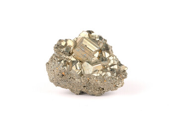 A close-up of Pyrite isolated on white. This mineral is also known as Fools Gold.

