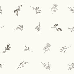 Hand drawn floral seamless pattern. Line art botanical element for wedding invitation, postcard, card, packing, stationery, textile, template, wallpaper. Pencil drawing. Vector