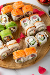 Asian food sushi set with tuna fish and avocado top view