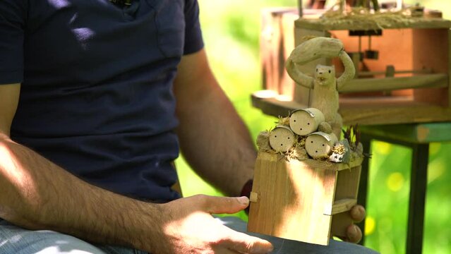 4K wooden teddy bear, attacking beehives.