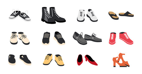 Obraz premium Set of Different Shoes Isolated. Boots, Sneakers, Oxford, Topsider. Men and Woman Footwear Collection. Different Male and Female Shoes, Side View. Cartoon Flat Vector Illustration