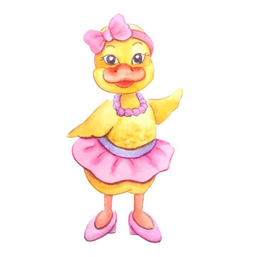 Watercolor duck in a skirt, pink shoes with a bow and beads