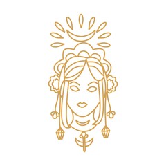 Girl with magical amulets and moon Outline portrait